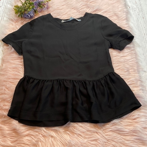 Veronica Beard Black Silk Peplum Hem Short Sleeve Blouse sz 0 - Picture 1 of 11